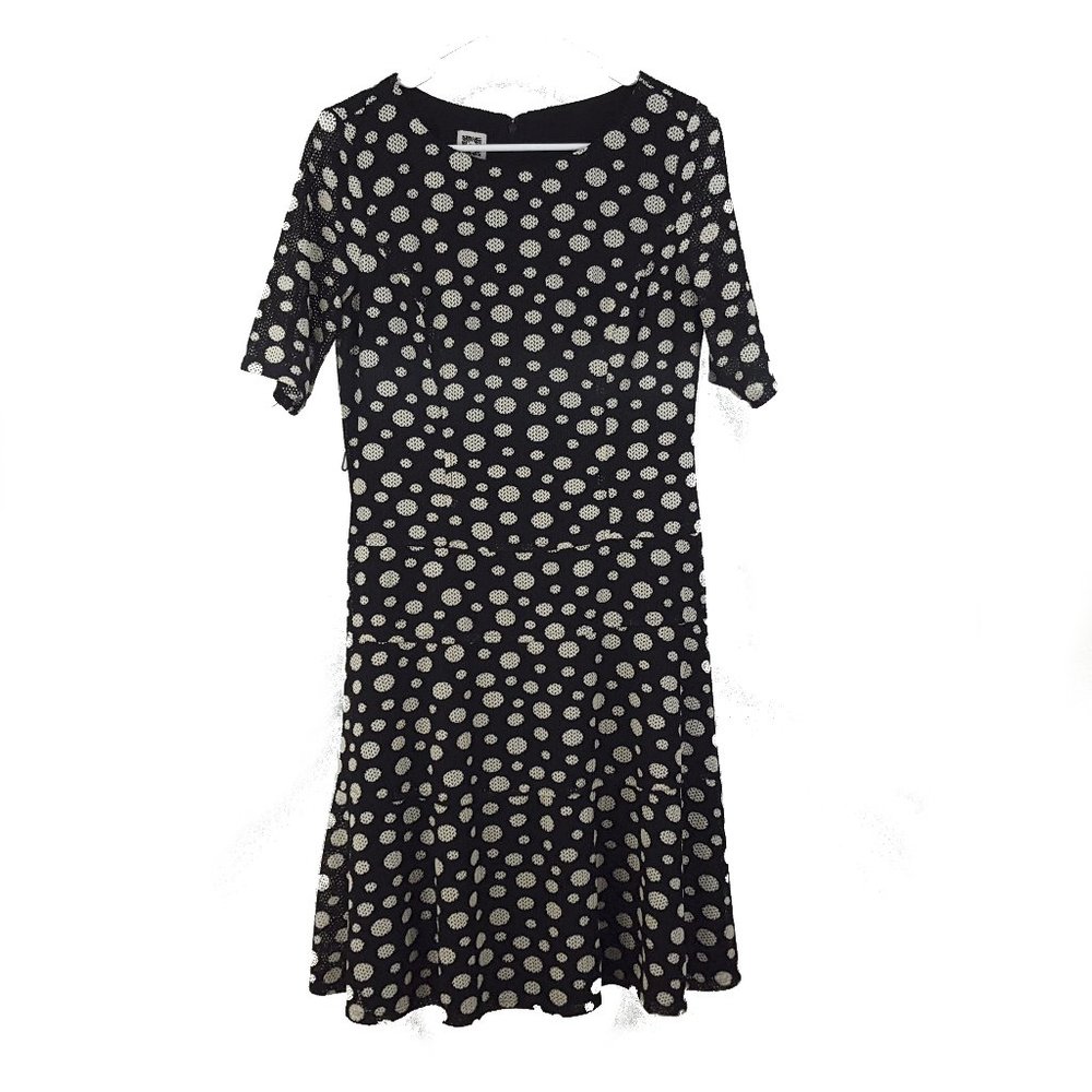Anne Klein Fit & Flare Dress Dotted Black Ivory Women's Size 8 Back Zip